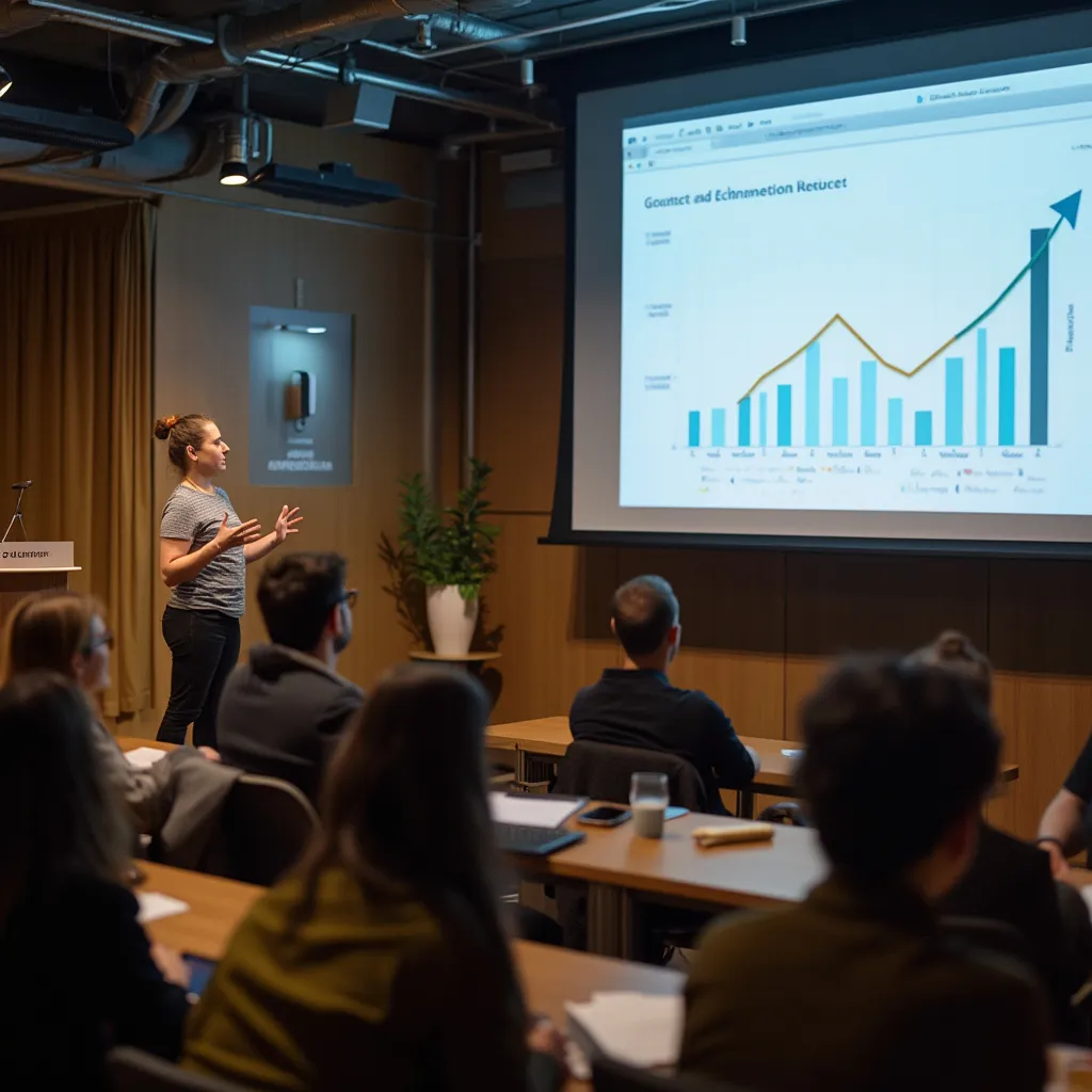 Presenter giving lecture online with startup graphs
