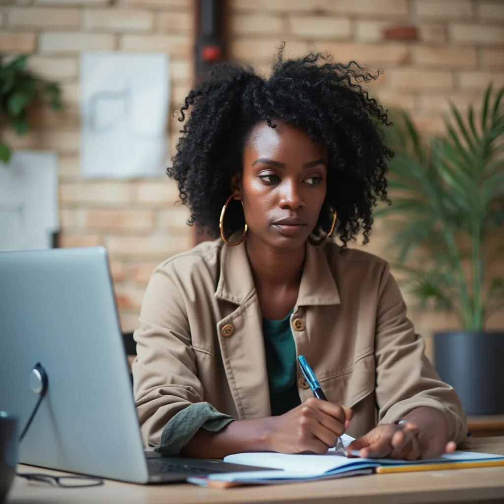 Closeup of Nigerian woman taking notes during webinar