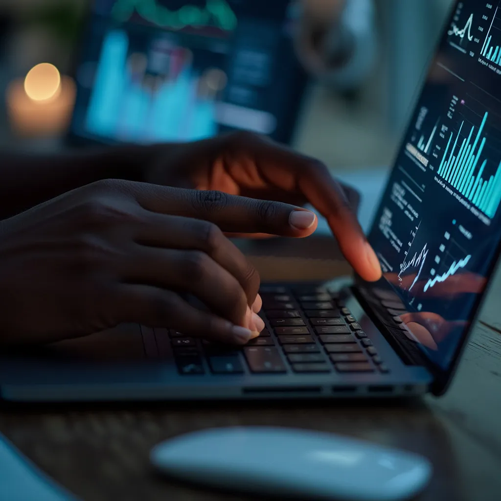 Hands typing on laptop displaying coding and analytics